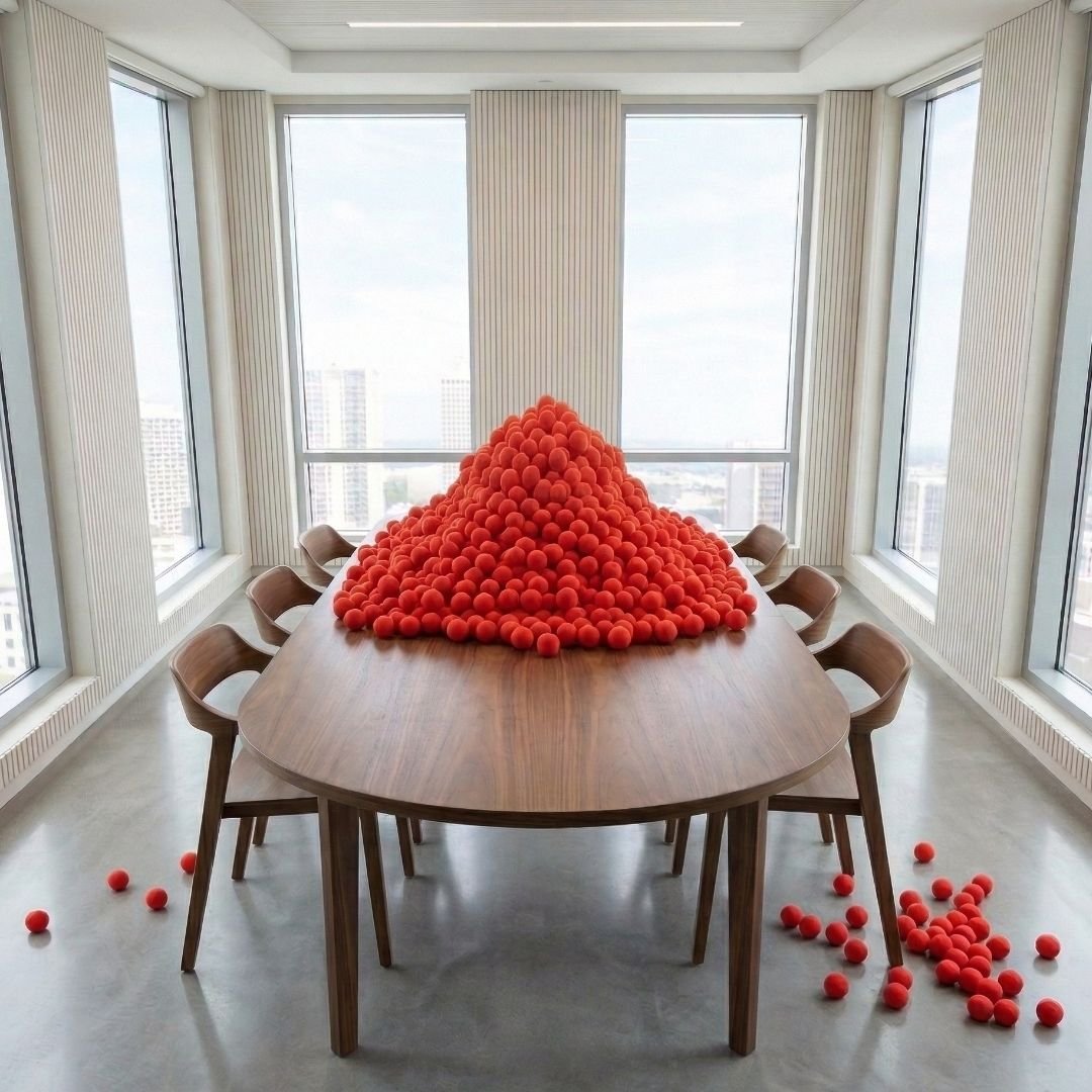 A large mess of red clown noses piled on a wooden conference table, with some scattered on the floor inside a sunlit conference room with large windows.