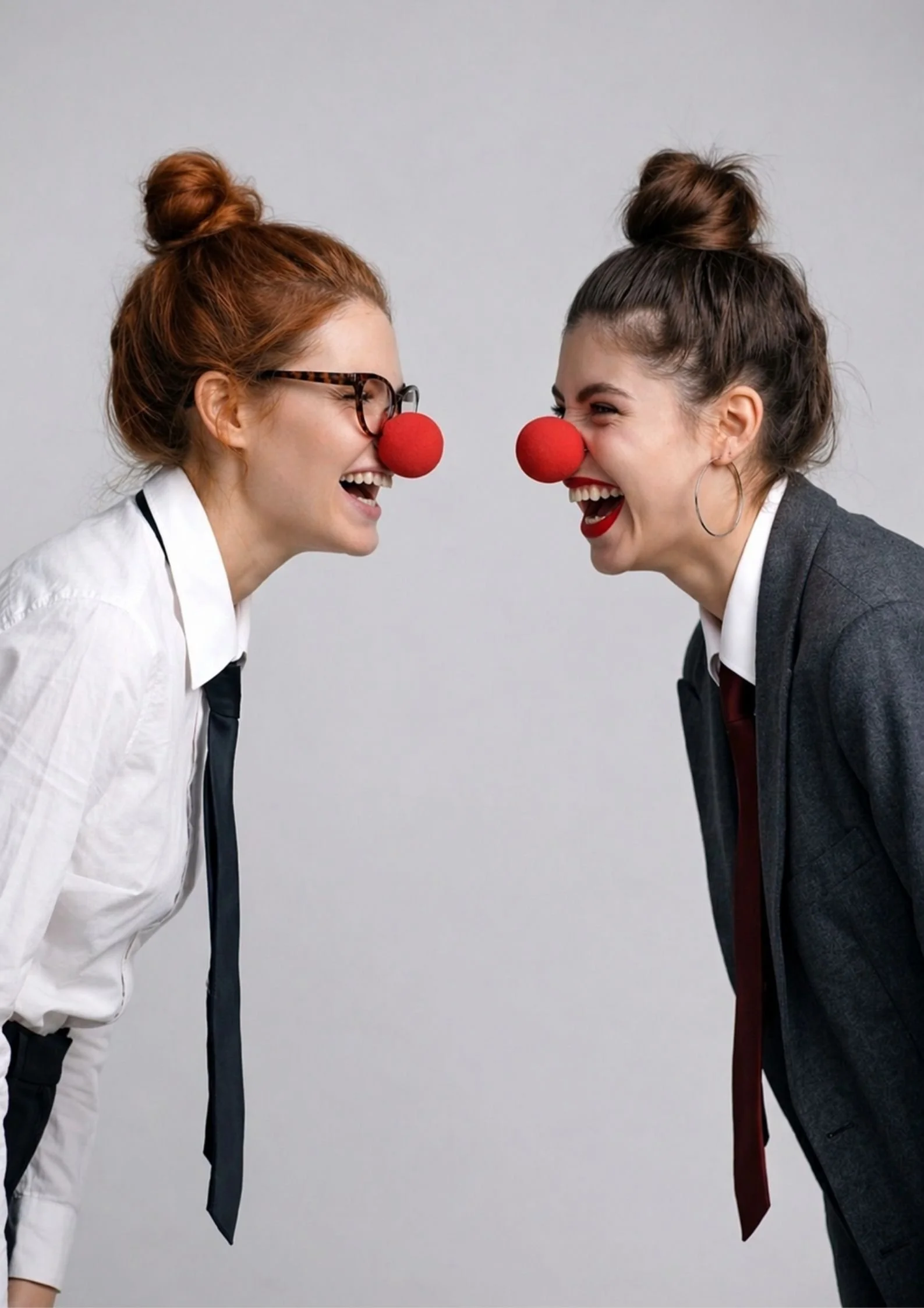 Two women with red clown noses, dressed in business attire, laughing and leaning toward each other against a plain background.