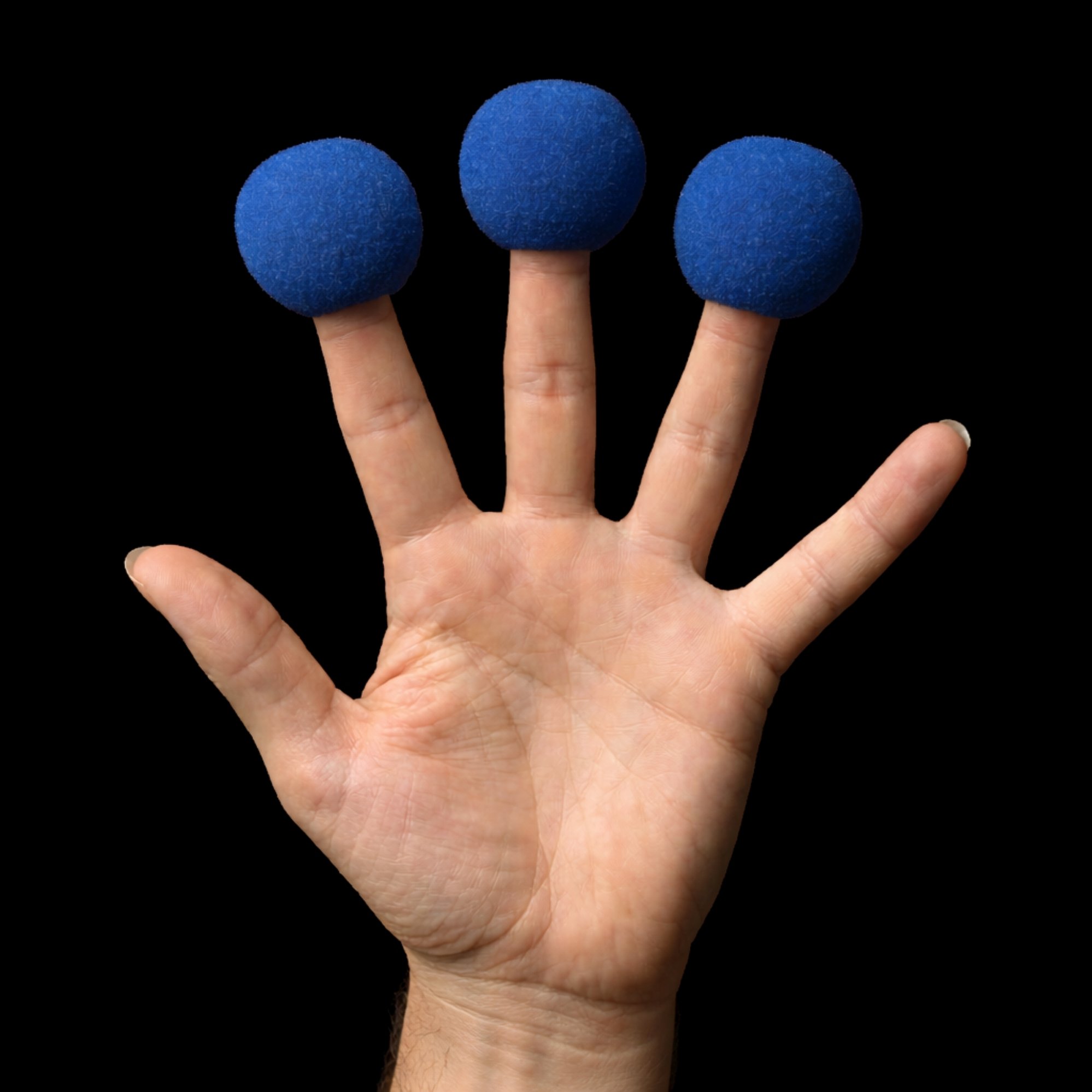 Close-up of a hand, with a blue clown nose on the end of the pointer, middle, and index fingers, against a black background.