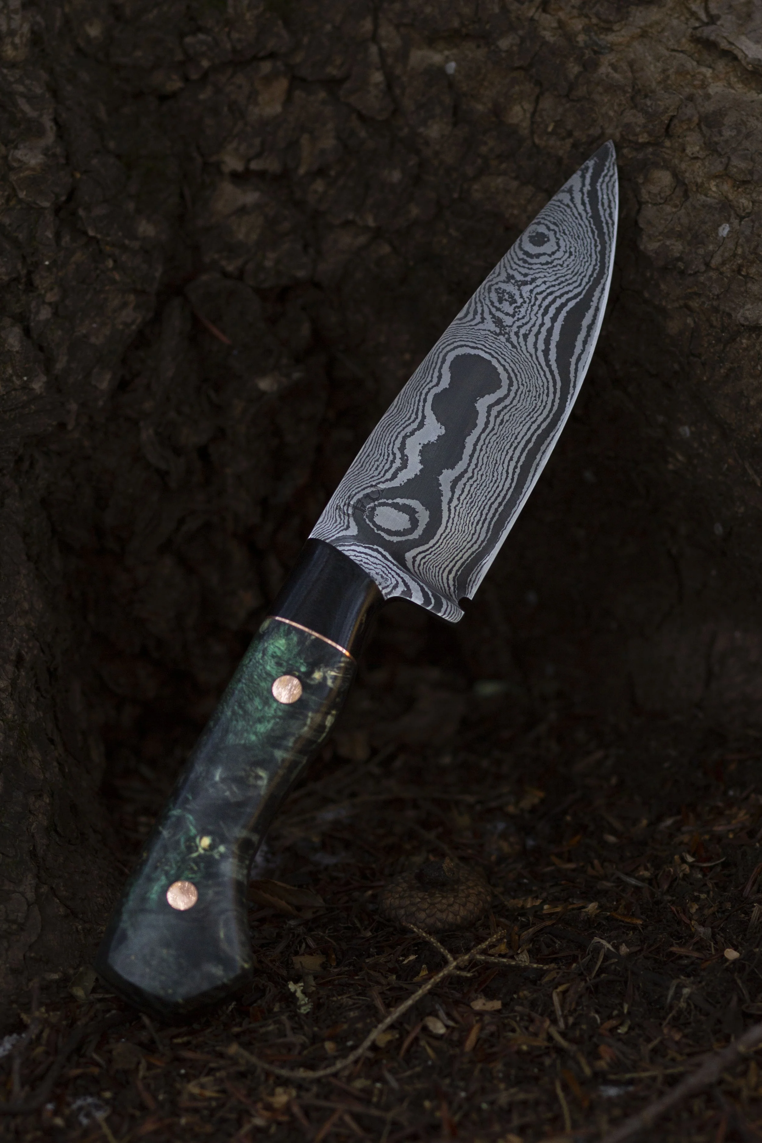 A Damascus steel knife with a patterned blade and a dark handle, partially embedded in soil.