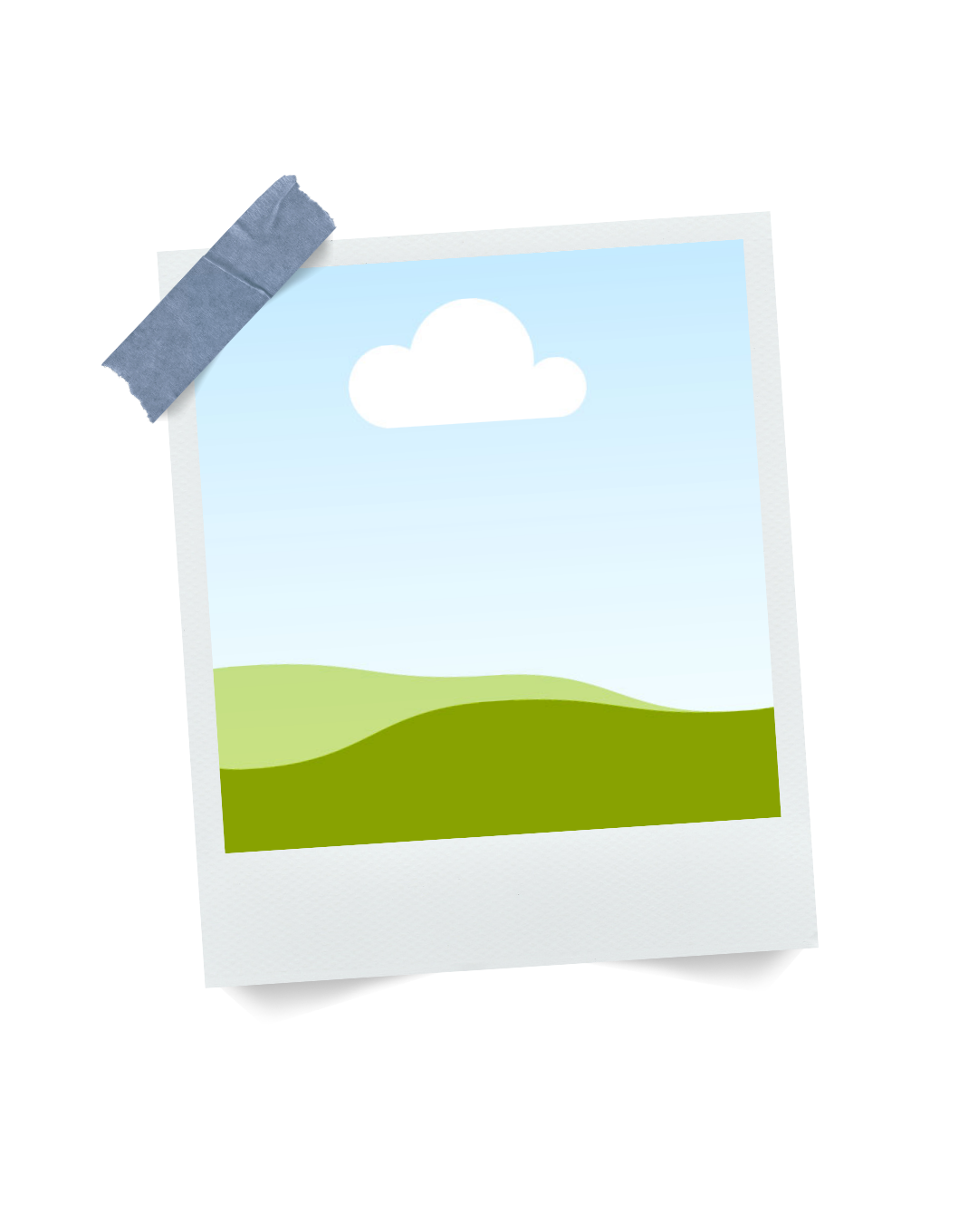 Illustration of a photograph with a landscape of rolling green hills, a blue sky, and a white cloud.