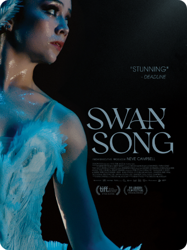 Close-up of a woman in a blue costume with feathers, looking to the side, with the movie title "Swan Song" and related film details on the right side.