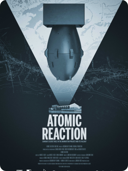 Poster for the film 'Atomic Reaction' - a film supported by Bizable showing a bomb with an explosion, map background, and a building beneath with bold text.