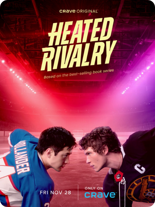 Promotional poster for the Crave original series 'Heated Rivalry,' featuring two hockey players face-to-face on the ice rink, with pink and purple lighting in the background, and text indicating it airs on November 28.