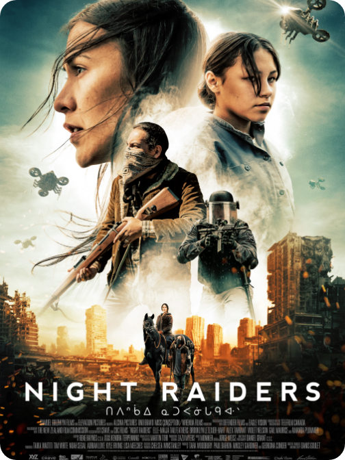 Movie poster for 'Night Raiders' showcasing two women, a soldier with a rifle, a person with a gas mask on horseback, and a city skyline with destruction, all under a cloudy sky with drones or flying machines.