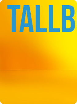 Close-up of a sign with the word 'TALLB' in large blue and yellow letters on a yellow and orange gradient background.