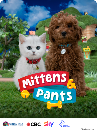 A white kitten sitting next to a brown poodle puppy. The title 'Mittens & Pants' is displayed in bold, colorful letters beneath them, with a yellow bone and bell decoration - a television show supported by Bizable.