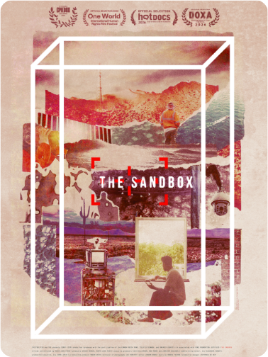 Artistic collage of desert, ocean, and cityscapes with people engaging in various activities, titled "The Sandbox".