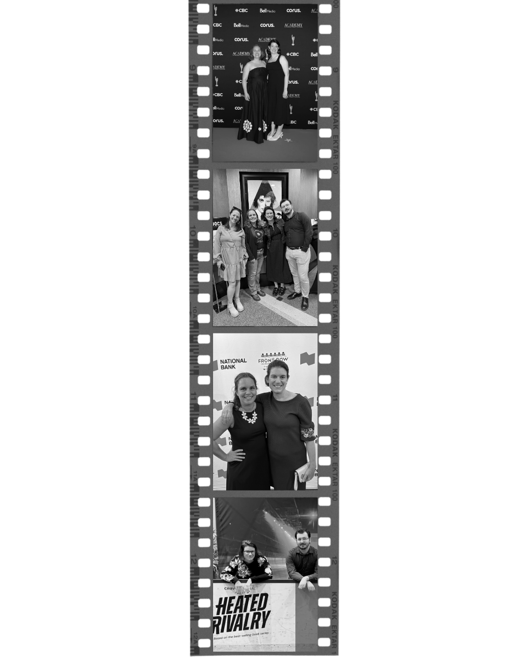 A vertical strip of four black-and-white photos of groups of the Bizable team at film and television events, with a film border around each image.
