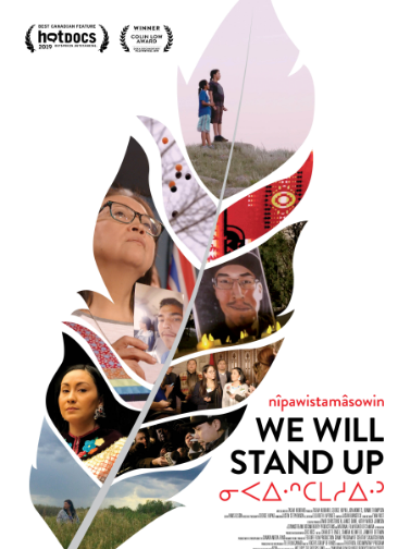 Collage of photographs within a leaf shape, featuring Indigenous people, a protest scene, and nature, with from the production "We Will Stand Up" - supported by Bizable and awards mentioned at the top.