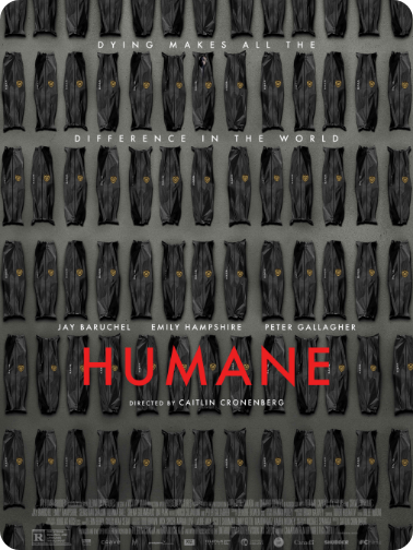 Poster for the documentary film 'HUMANE' - supported by Bizable featuring rows of black body bags with yellow tags, the title in bold red letters, and the names of the filmmakers and cast.