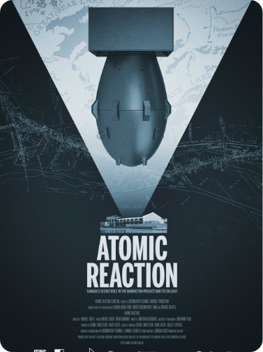 A movie poster for 'Atomic Reaction' - supported by Bizable featuring a nuclear bomb dropping towards a cityscape with blueprint-style graphics in the background.
