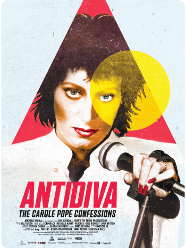 Poster for a film titled 'Antidiva: The Carole Pope Confessions', featuring a woman with dark hair holding a microphone.