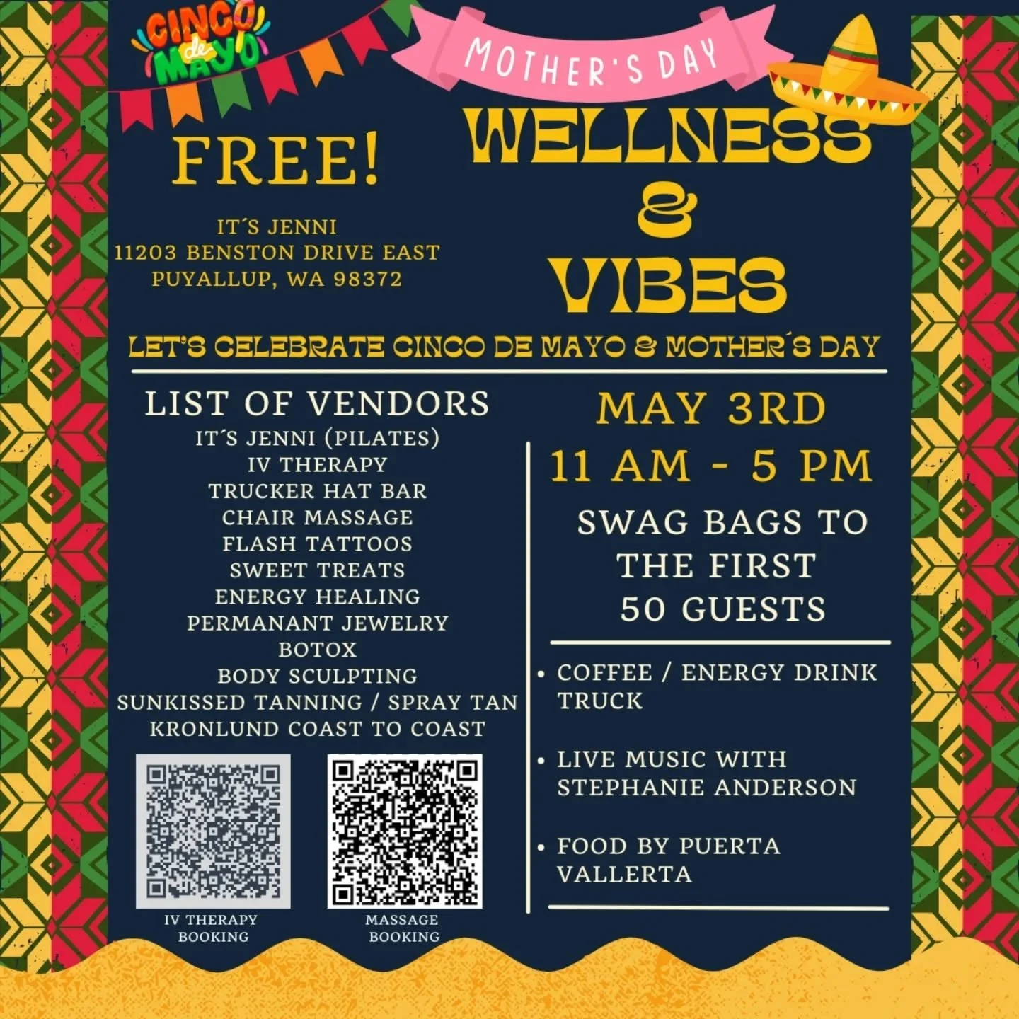WE HAVE EXTENDED IT WITH ANOTHER HOUR! 🎉

Wellness &amp; Vibes event on Saturday May 3rd!!! Let's celebrate Cinco de Mayo &amp; Mother's Day!

I'm so excited to announce a big event with so many vendors and amazing people! 
The first 50 guests will 