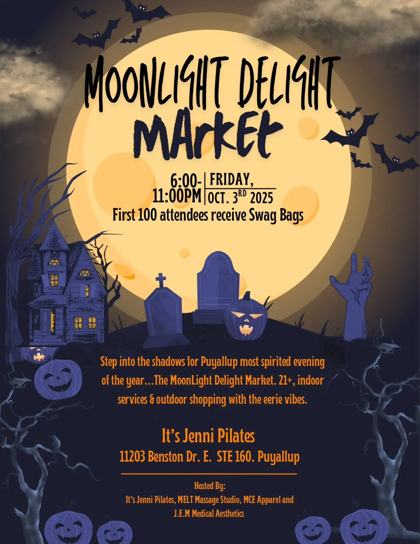 🌙✨ Step into the shadows, Puyallup&hellip; the Moonlight Delight Market is coming! 🦇🎃
🗓 Friday, Oct. 3rd, 2025
⏰ 6PM &ndash; 11PM
📍 It&rsquo;s Jenni Pilates, 11203 Benston Dr. E, Ste 160

🛍 First 100 guests get swag bags!
👻 21+ | Indoor servic