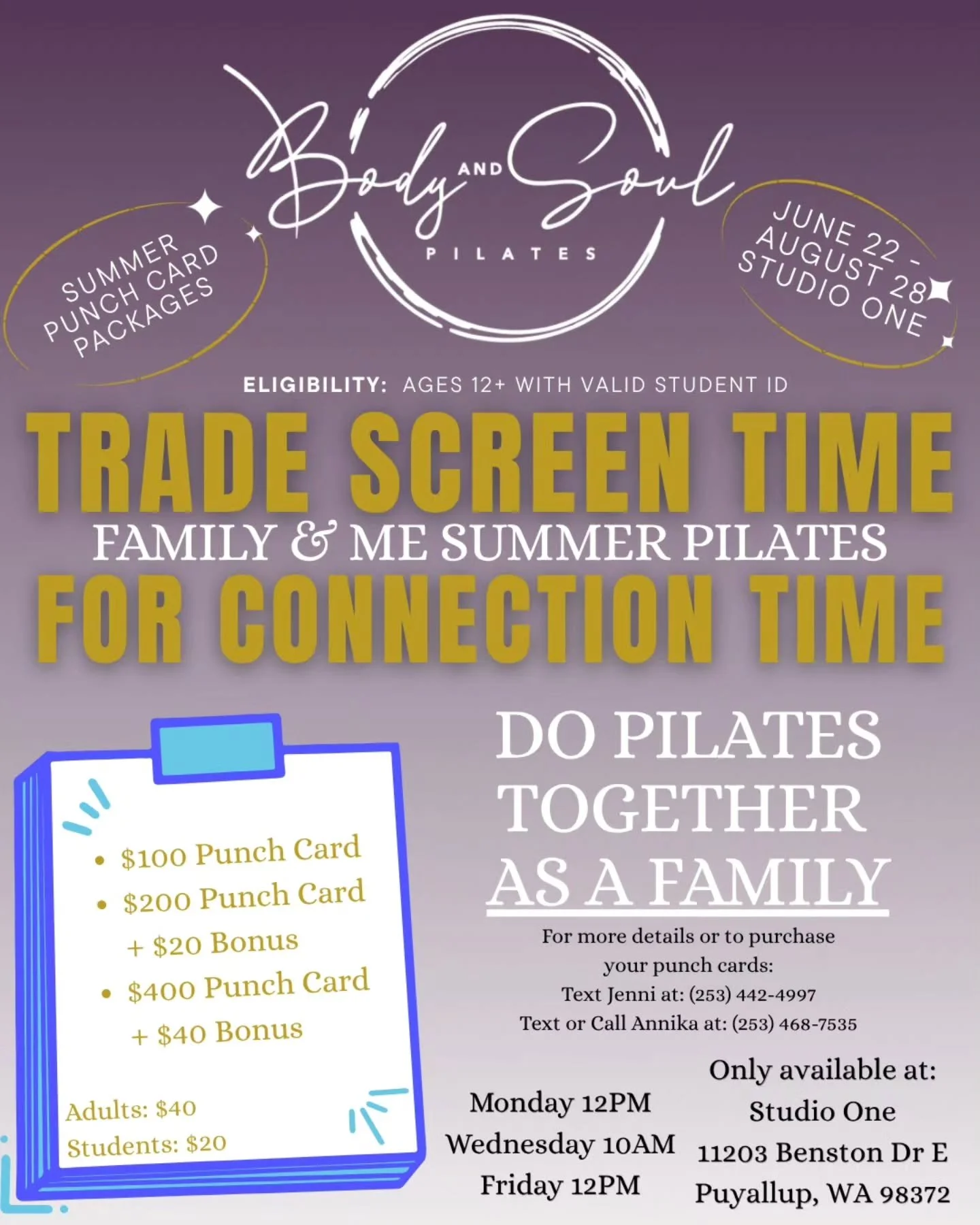 Family &amp; Me

This summer, unplug together and invest in your health, connection and well-being.
Join us for a fun and supportive Pilates experience designed for families to strengthen their bodies, minds and relationships while creating meaningfu