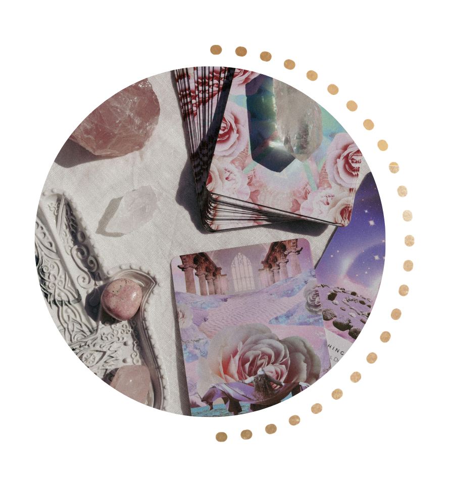 A tarot card spread on a cloth, surrounded by crystals and decorative objects, with a mystical and dreamy aesthetic.