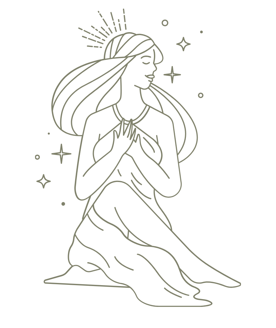Line art illustration of a woman kneeling with her hands on her chest, surrounded by stars and sparkles, with rays emanating from her head, set against a black background.