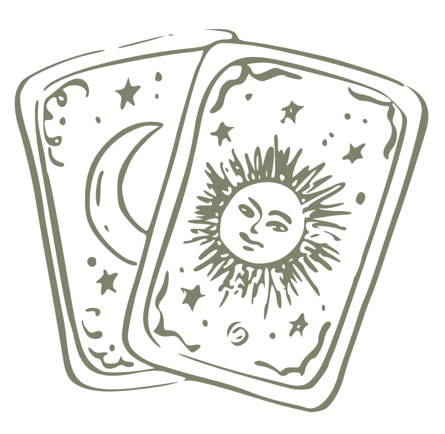 Illustration of two tarot cards with celestial designs, including a sun with a face, a crescent moon, stars, and clouds.