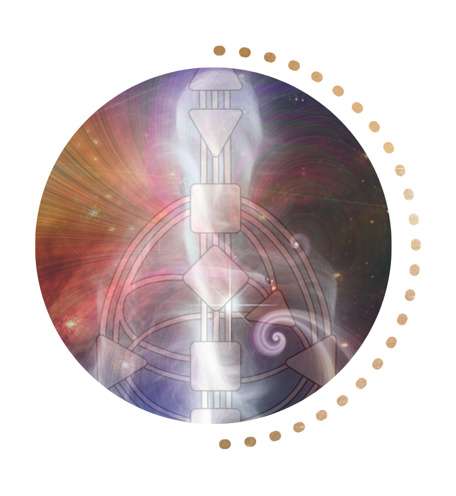 Futuristic mechanical or geometric symbol with interconnected shapes and glowing effects, set against a cosmic background with light rays and stars.