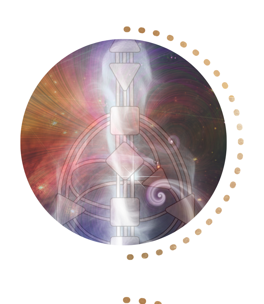 A mystical or spiritual symbol with geometric shapes, glowing effects, and cosmic background.