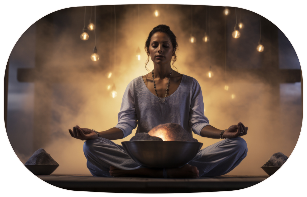 A woman is sitting in a cross-legged meditation pose with her hands resting on her knees, in front of a large bowl of glowing salt or crystals. She is in a dimly lit room with hanging light bulbs, and she appears to be meditating or performing a spiritual ritual.