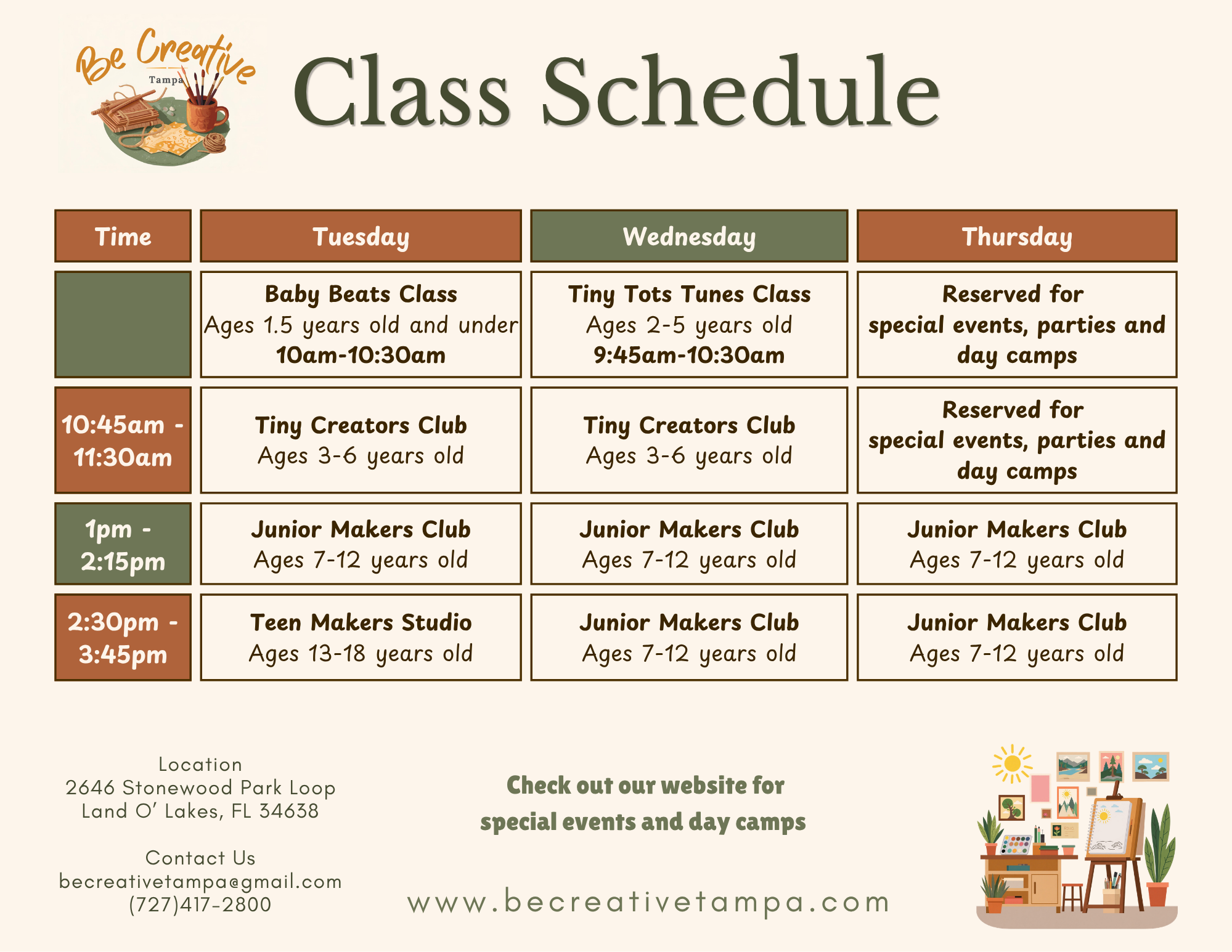 BE CREATIVE CALENDAR SCHEDULE FOR ARTS AND CRAFTS CLASSES IN LAND O LAKES