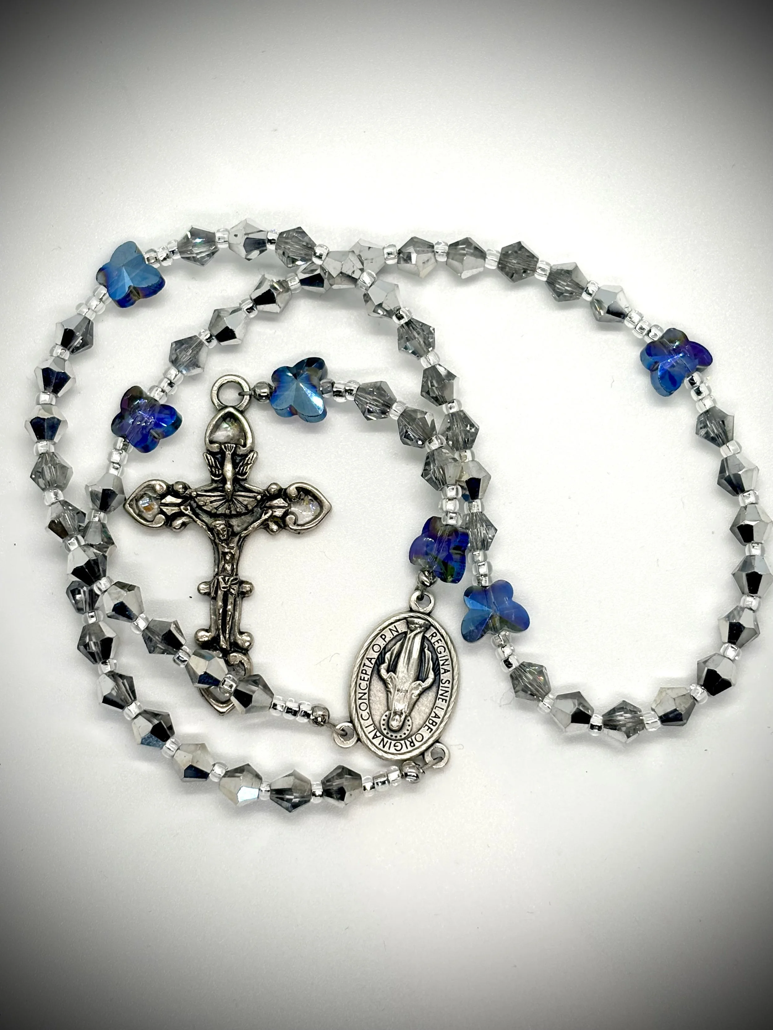 “Crysalis” Platinum Shimmer Czech Crystal Butterfly Rosary - LUMEN ROSARIO Collection
