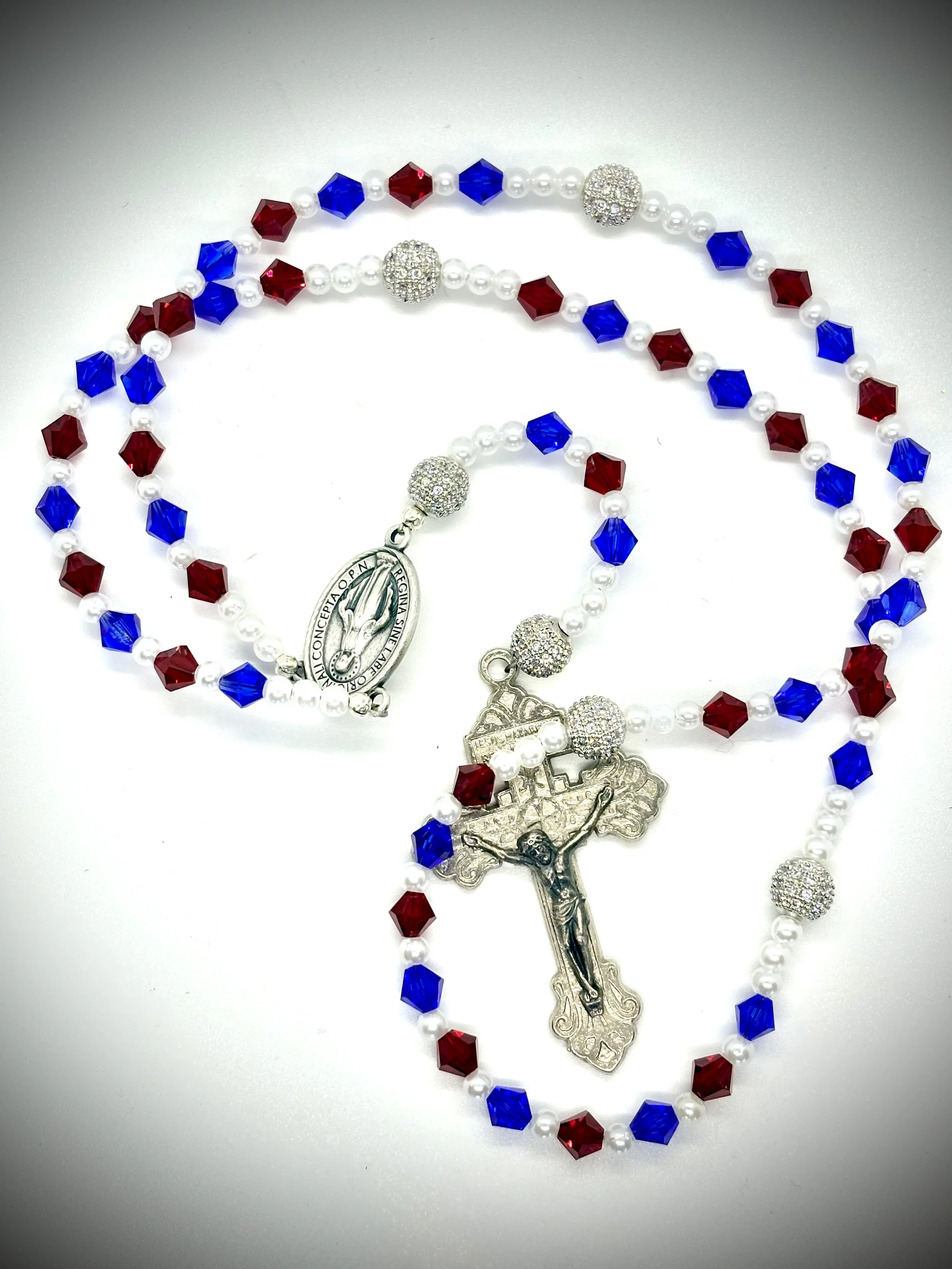 “Patriot” Sapphire Blue and Siam Red Austrian Crystal with Faux Pearl Rosary - LUMEN ROSARIO Collection