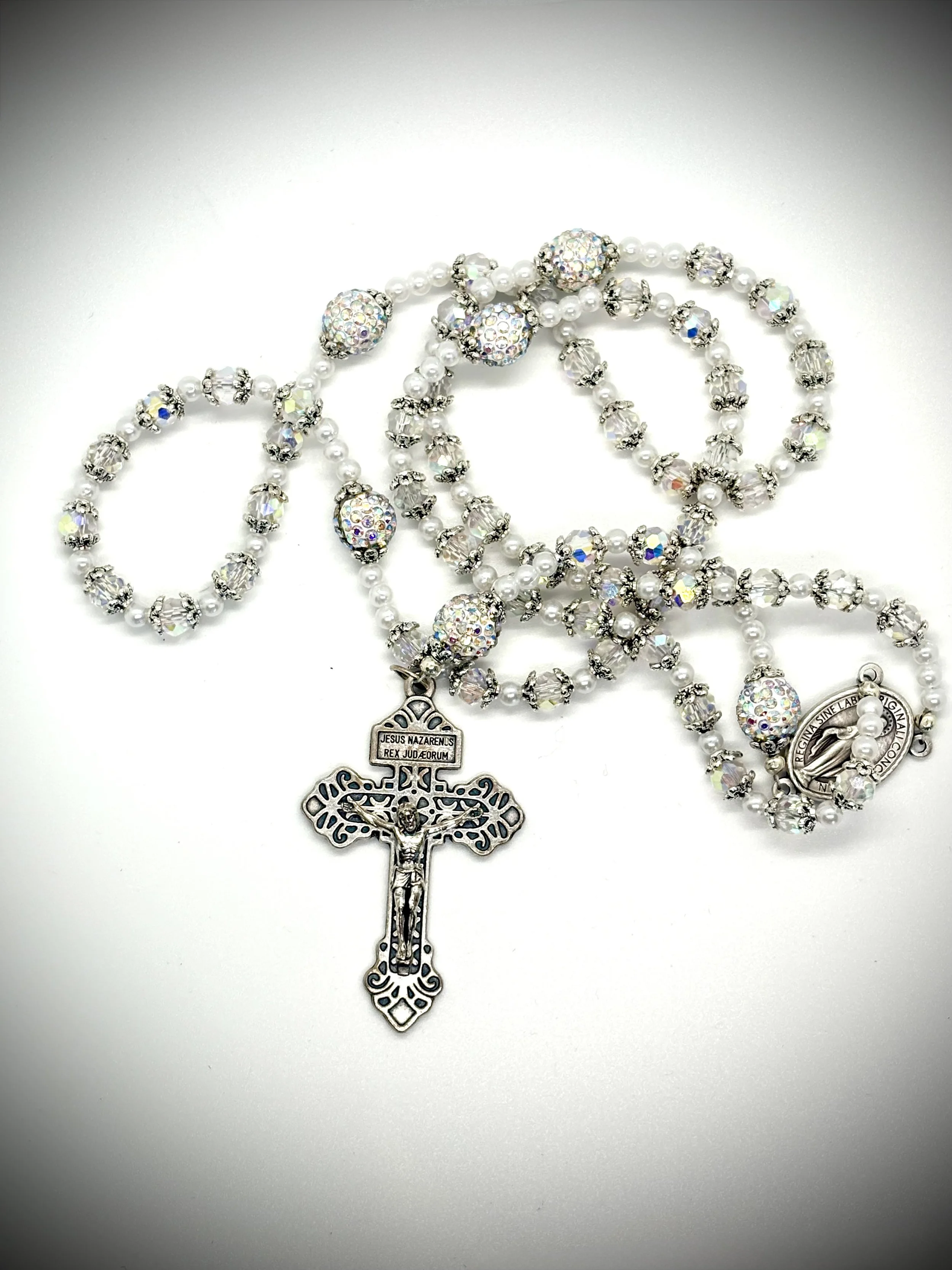 Czech Crystal Aurora Borealis and Faux Pearl Rosary