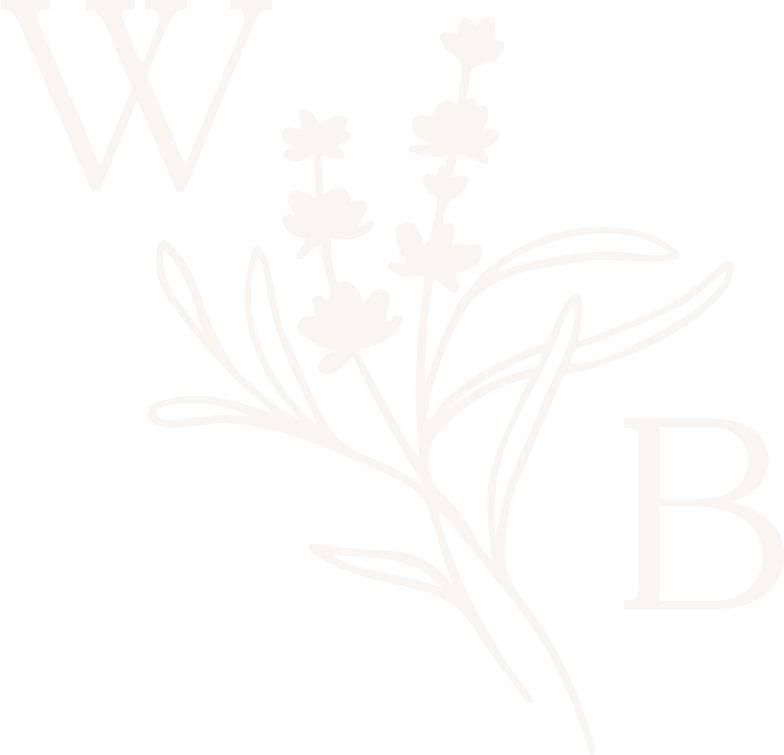 White floral illustration with the letter 'W' at the top left and the letter 'B' at the bottom right on a black background.