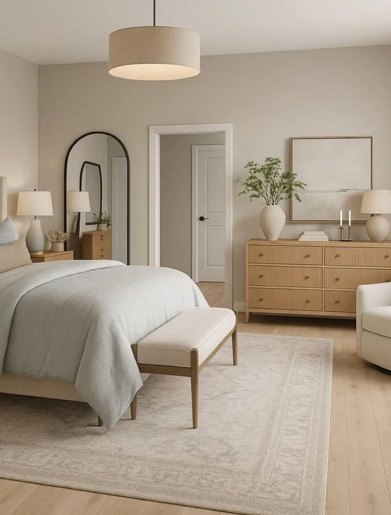 A minimalist bedroom with a bed, a bench at the foot of the bed, two nightstands with lamps, a dresser with a large plant and framed art above it, a hanging ceiling light, and a light-colored area rug.
