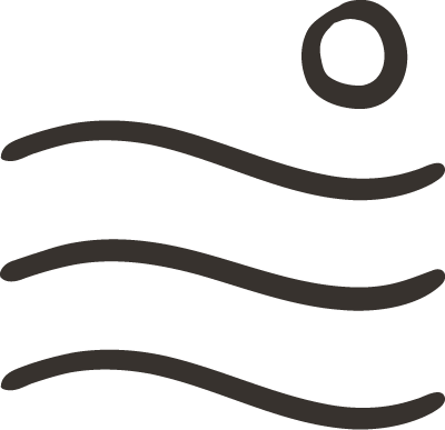 Simplified black line drawing of a person swimming, with a sun or moon in the background.