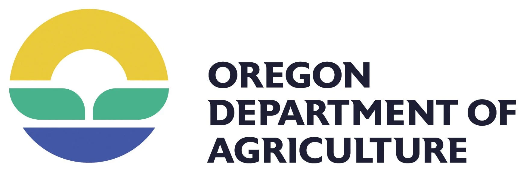 Logo of the Oregon Department of Agriculture featuring a circular design with a yellow top, green middle, and blue bottom, accompanied by the department name in bold navy text.