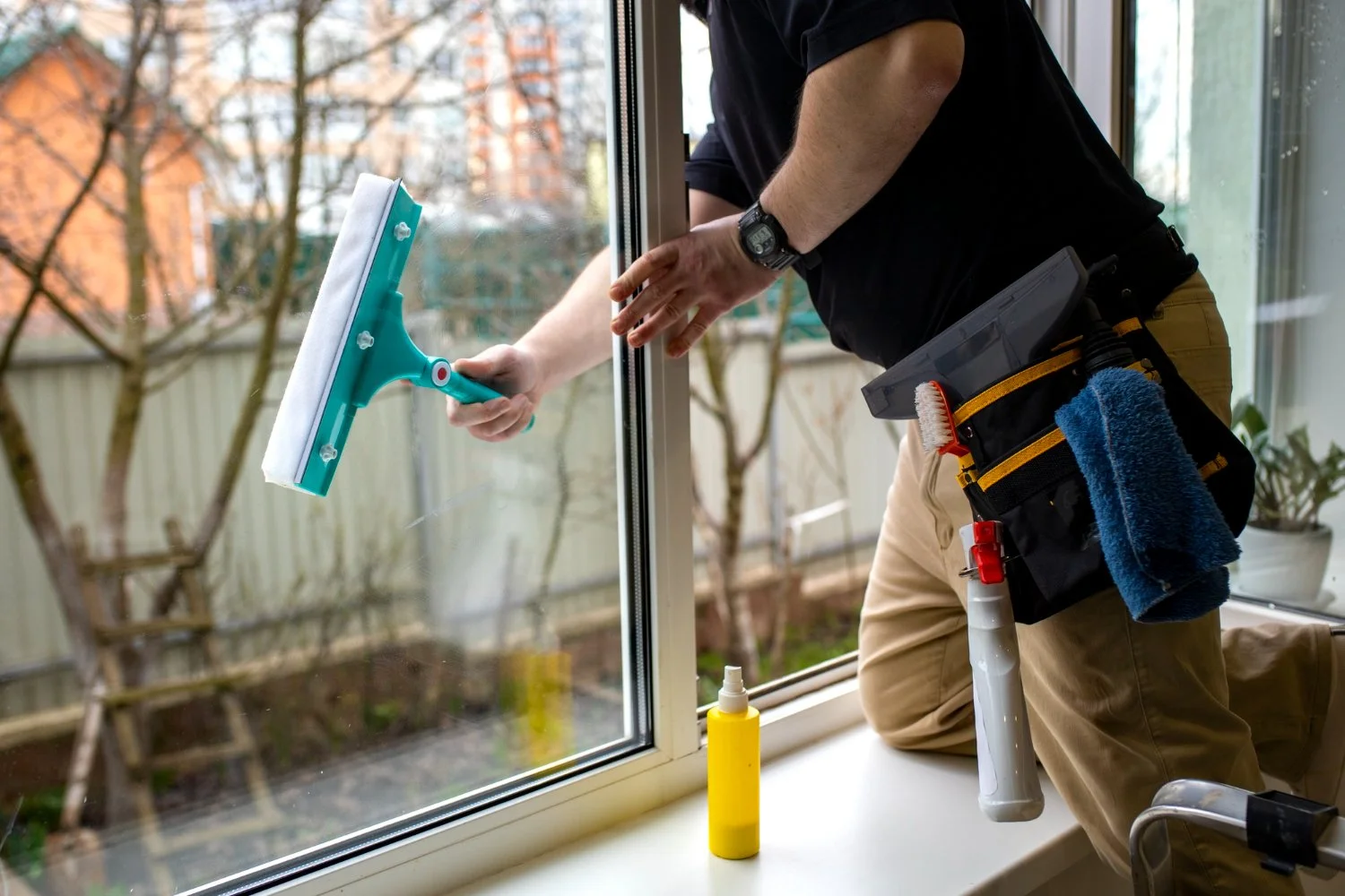 A technician cleaning a large window with a squeegee, using a spray bottle of cleaning solution, inside a building with a view of a garden outside.