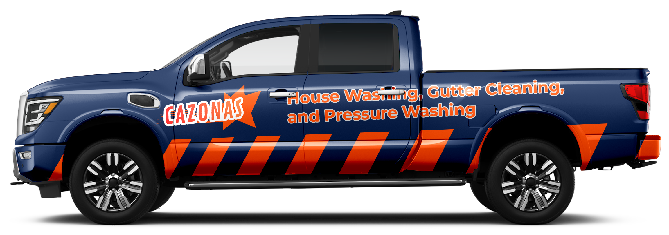 Blue pickup truck with orange and white text and graphics promoting Cazonas house washing, gutter cleaning, and pressure washing services.