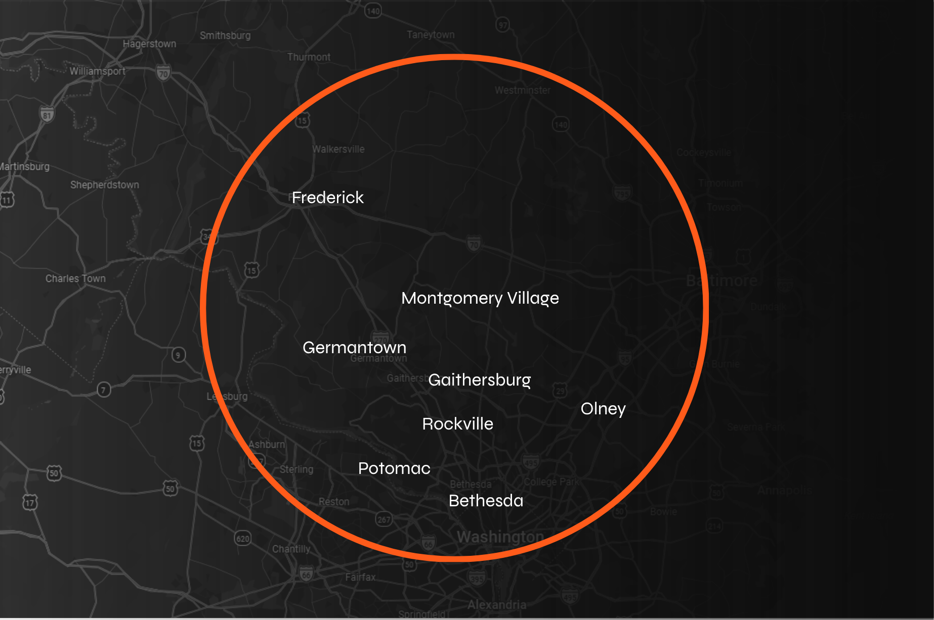 A map displaying a dark background with white labels of cities and towns within a marked orange circle, including Springfield, Frederick, Montgomery Village, Germantown, Gaithersburg, Olney, Rockville, Potomac, and Bethesda, illustrating a regional coverage area.