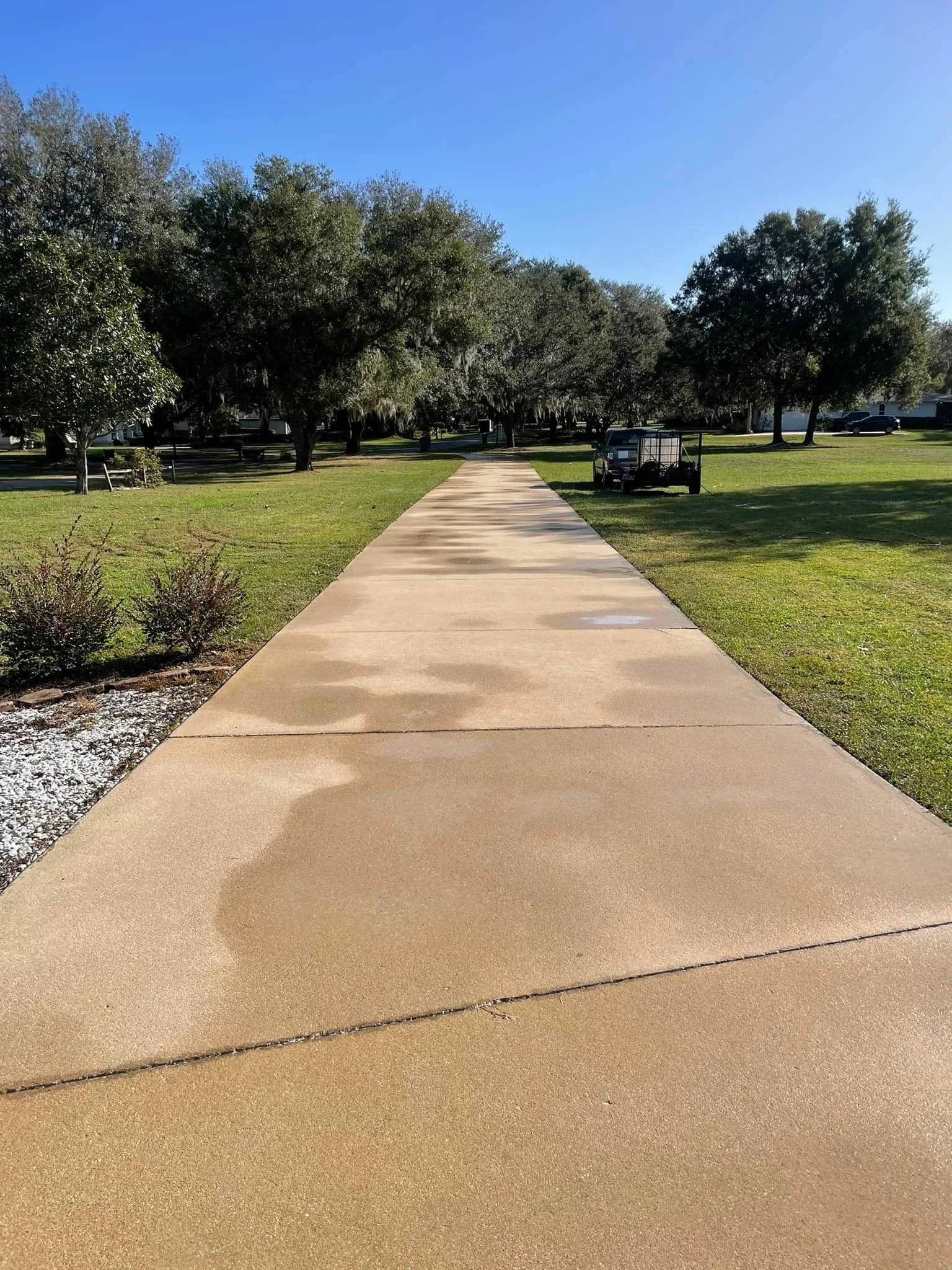 Concrete sidewalk in a grassy park with trees on either side and a golf cart parked to the right.