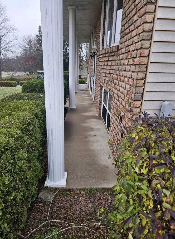Side view of a house with a concrete walkway, brick and beige siding, white columns, and shrubs on the side.