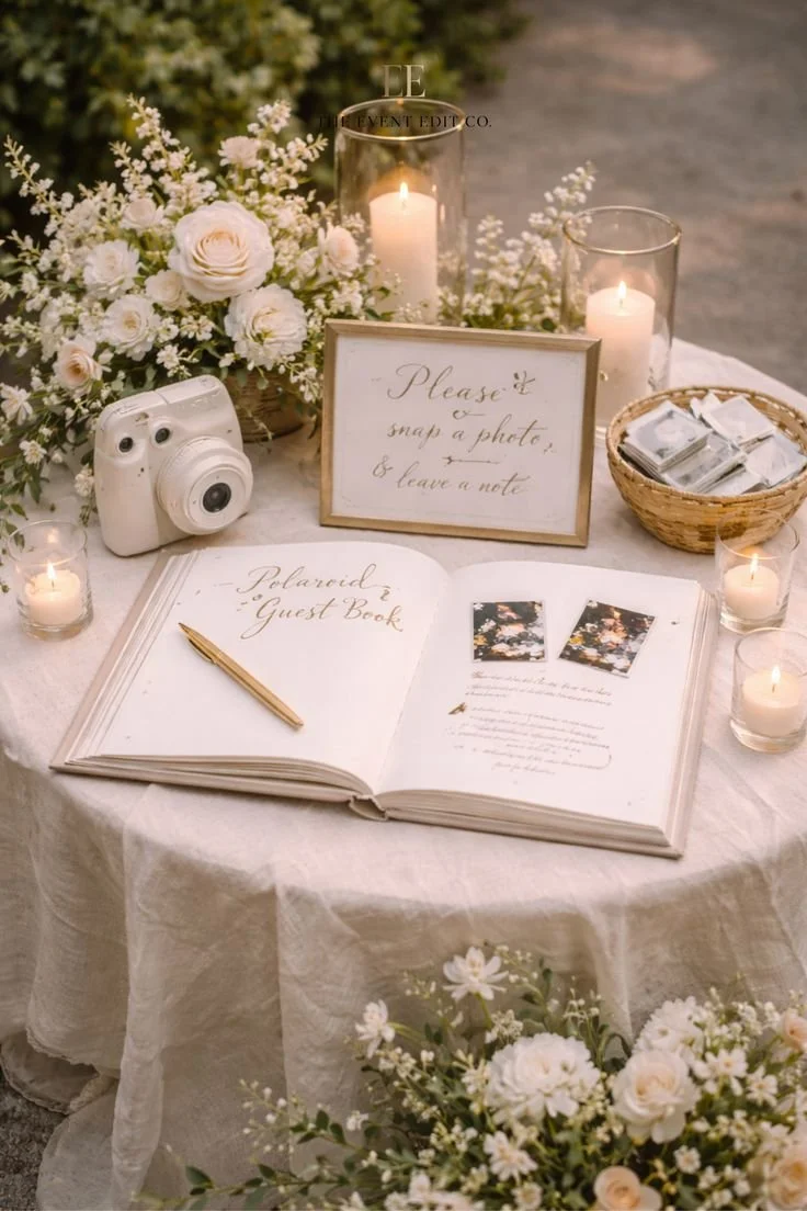 Wedding guest book table with flowers, candles, Polaroid camera, sign asking to take photos and leave notes, and a basket of pictures.