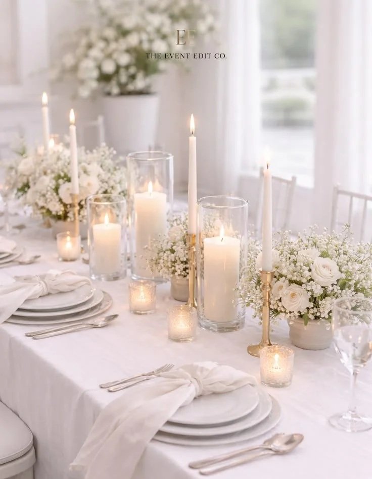 Elegant dining table decorated with white candles, floral arrangements, white plates, silverware, and glassware, set in a bright room with sheer curtains.
