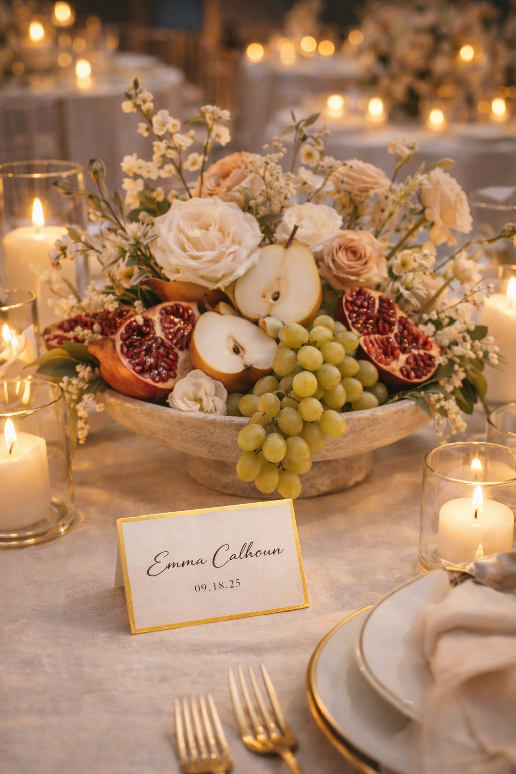 A floral centerpiece with white roses, peach roses, white lisianthus, green grapes, and halved pomegranates, surrounded by lit candles on a decorated table for a wedding celebration.