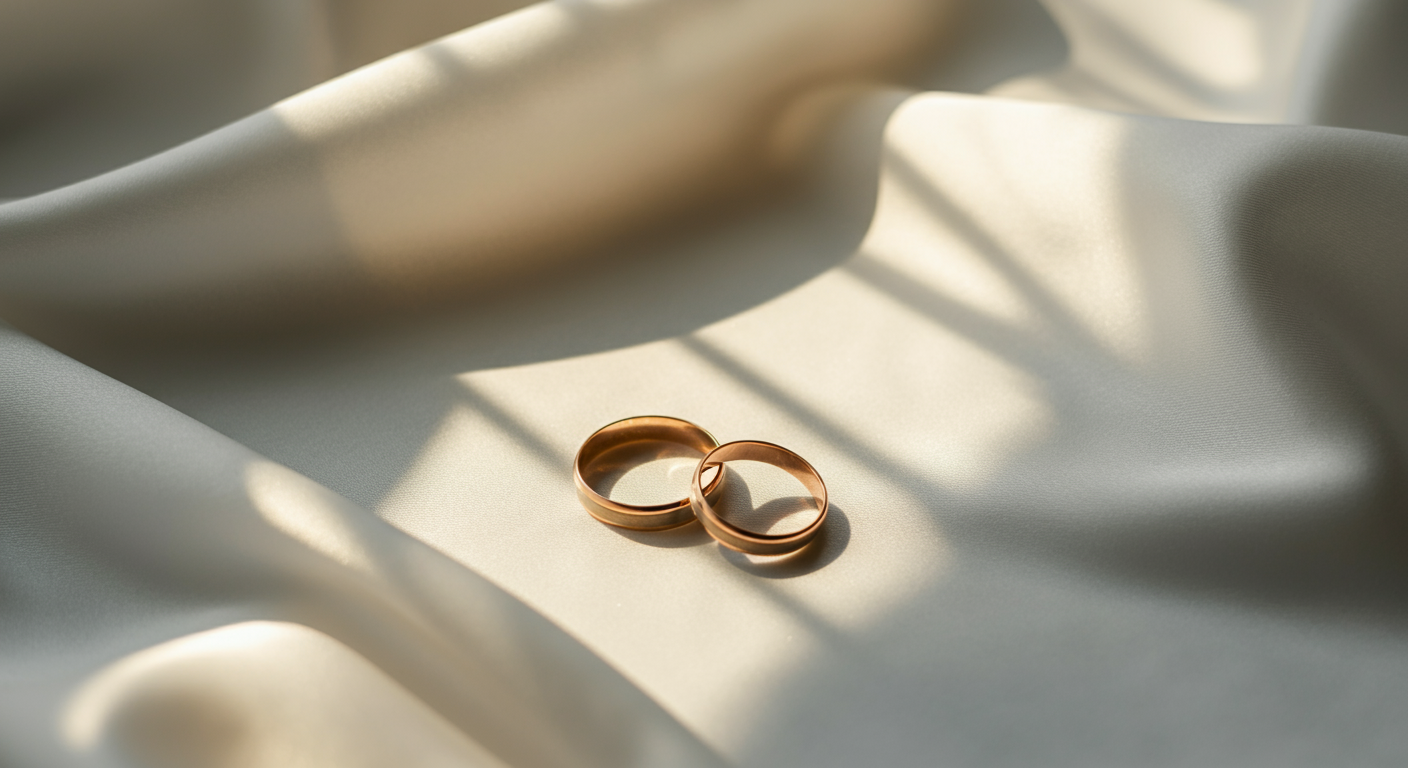 Two gold wedding rings resting on light-colored satin fabric with soft shadows.