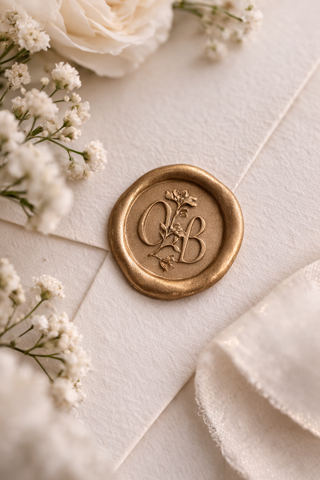 Close-up of a white envelope with a gold wax seal embossed with the initials 'C B' and a floral design, surrounded by white baby's breath flowers and a cream-colored satin ribbon.