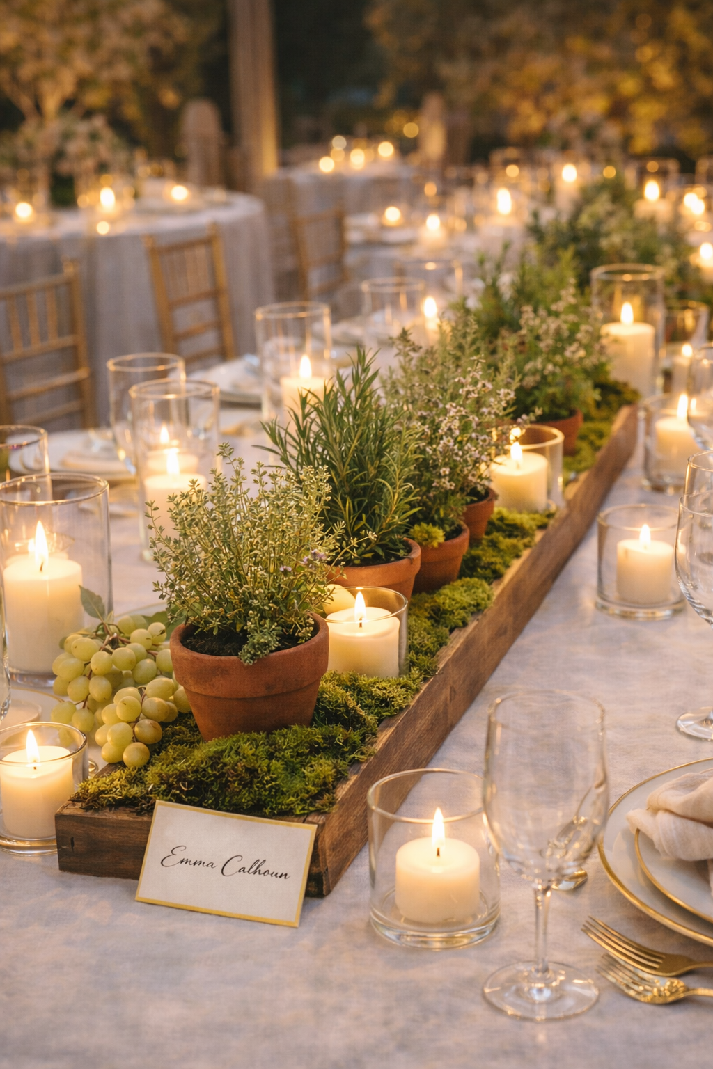 An outdoor banquet table decorated with candles, plants in small terracotta pots, grapes, and greenery, with a 
