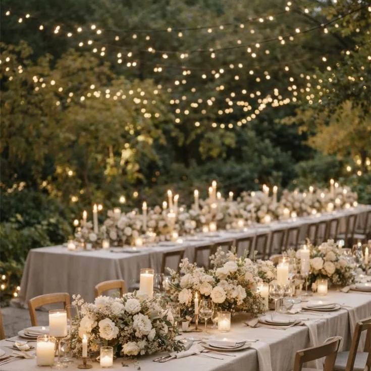 outdoor romantic wedding with string lights and candlelit tables
