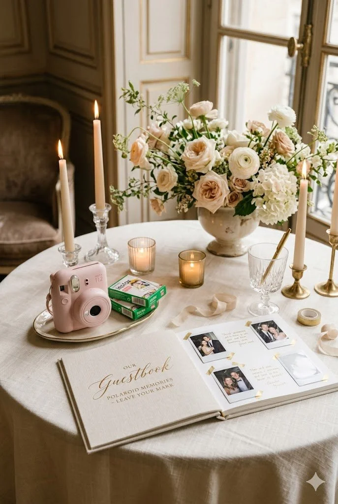 Elegant round table set with a large bouquet of white and blush roses, lit candles, Polaroid camera, photo booth props, and guest book, in a well-lit room with window view.