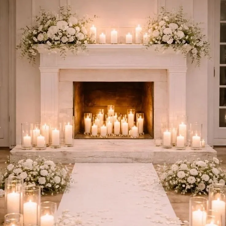 Private wedding aisle in front of a fireplace with flowers and candles