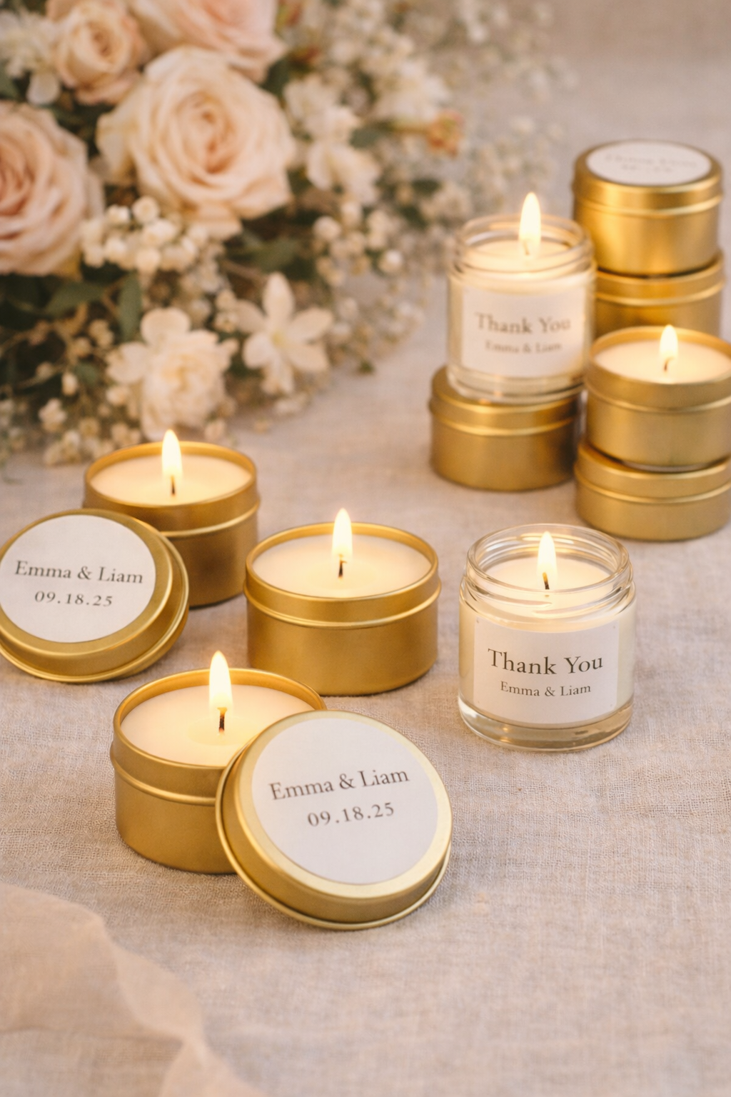 golden tin scented candles for diy wedding favors