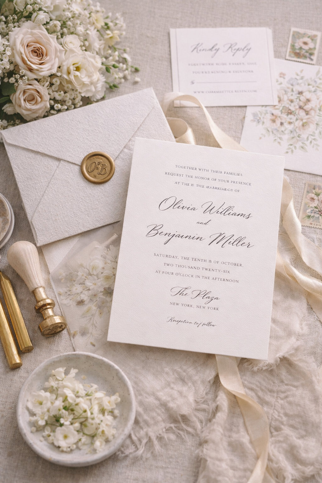 Wedding invitation for Olivia Williams and Benjamin Miller with floral accents, an envelope with a monogram wax seal, and wedding-related stationery and flowers on a textured fabric surface.